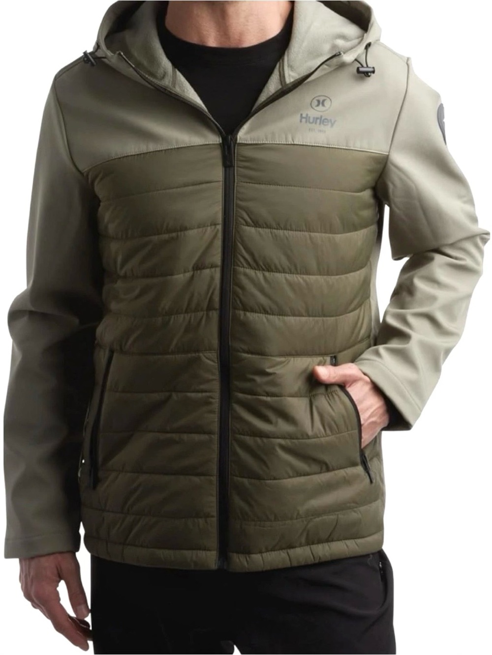 Hurley Men's Olive Two-Tone Hooded Puffer Jacket